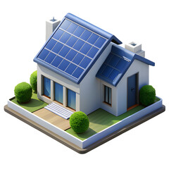 Modern house with solar panels on the roof and manicured garden isolated on transparent background