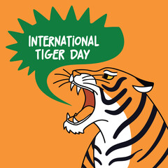 Bold Roaring Tiger Illustration with Green Emblem for International Tiger Day Celebration