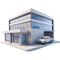 Modern white commercial building with a white sedan parked in the driveway isolated on transparent background