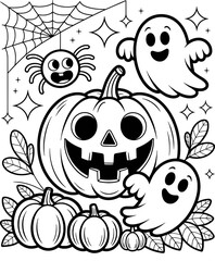 Happy Halloween cartoon characters with pumpkins and spiderweb ghost