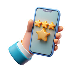 Stylized 3d hand holding smartphone displaying three golden stars for customer feedback isolated on transparent background