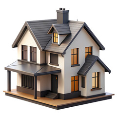 Modern two story house with dark gray roof and warmly lit windows isolated on transparent background