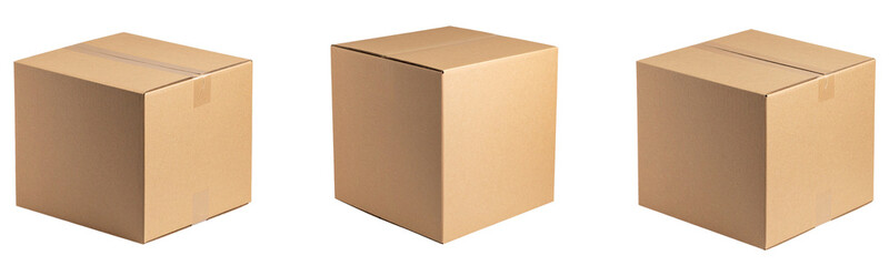 Set Small Brown Kraft Shipping Box with Clean Seams, Left Side Framing, Isolated on Transparent Background PNG