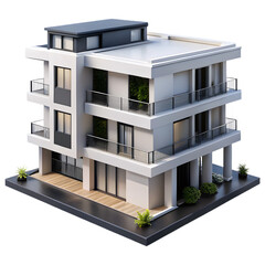 Modern three story residential building with balconies and greenery isolated on transparent background