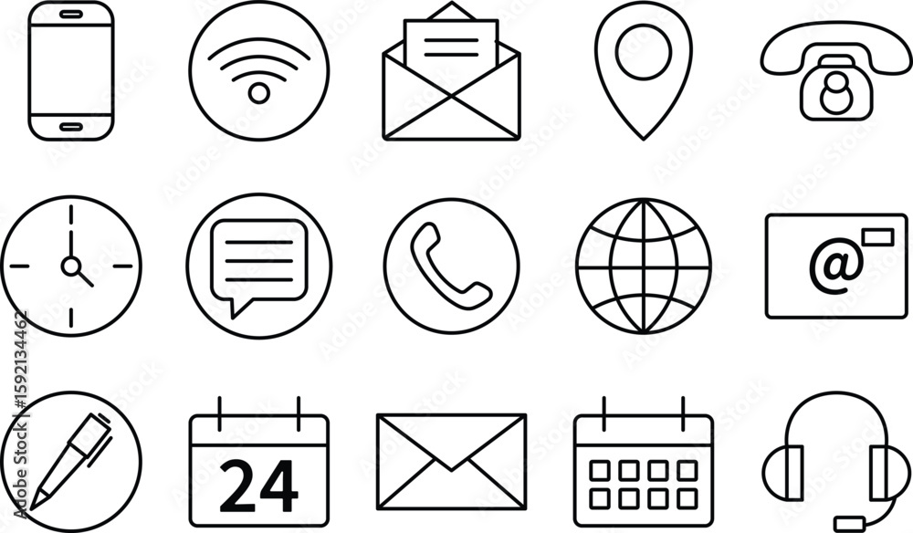 Poster collection of modern contact and communication icons designed in a clean minimalist style.