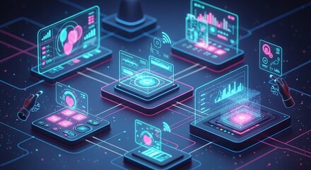 Futuristic digital interfaces and screens displaying data analytics and information