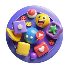 Vibrant 3d social media icons and emojis arranged on a purple plate isolated on transparent background