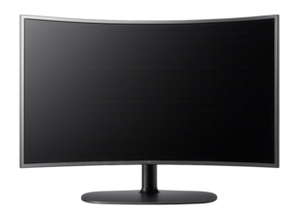 Curved panel TV with silver bezels and a central pedestal stand