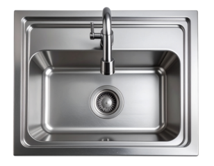  Top View of Modern Stainless Steel Kitchen Sink with High-Arch Faucet, Isolated PNG