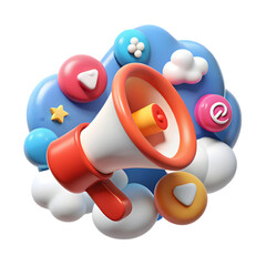 3d rendered megaphone with play buttons and social media icons isolated on transparent background
