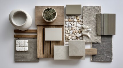 a material mood board for kitchen, neutral colors .