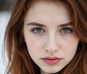 Obraz premium Close-Up Portrait of Red-Haired Woman face with Green Eyes in Snowy Light, with Natural Makeup and Direct Eye Contact, with Soft Skin Tone and Calm Expression