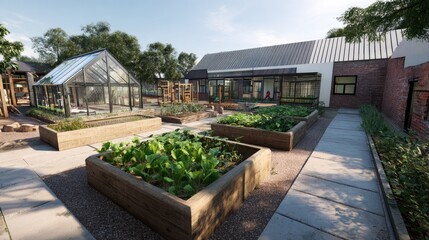 Sunny outdoor play area with garden beds