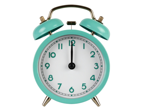 Vintage Mint Green Alarm Clock with Brass Bells, 10:10 Time Display, Front View, Transparent PNG