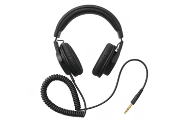 Professional headphones with coiled cable lying on transparent background