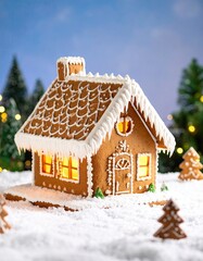 Festive gingerbread house in snow (1)