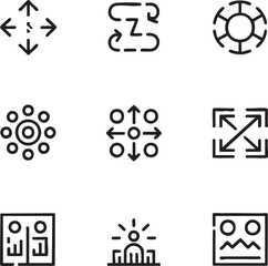Universal function vector icon set outline icons,simple style arrows,process,settings,flower,expand,idea,teamwork,image