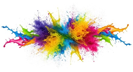 Fototapeta premium A vibrant explosion of multicolored paint splatters, dynamic and energetic, radiating outwards in a symmetrical yet chaotic burst against a stark white background. 