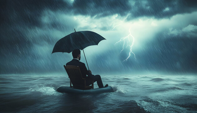 A businessman under an umbrella sits in a chair that floats in the middle of a stormy sea. There is a thunderstorm with lightning in the sky - Powered by Adobe
