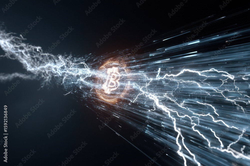 Poster fast bitcoin transactions visualized through the lightning network in a blockchain environment.