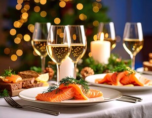 Festive Christmas dinner scene with salmon