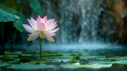 A stunning photo of a lotus flower under a gentle waterfall, symbolizing serenity and natural beauty, Natural beauty, Lotus under waterfall .