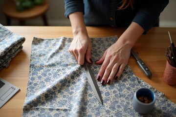 A fashion designer cutting patterned fabric on a wooden table, overhead view.
