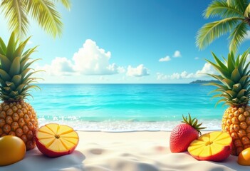 vibrant tropical fruits floating above exquisite beach sand sparkling ocean clear sky paradise scene, pineapple, mango, banana, avocado, kiwi, coconut, exotic