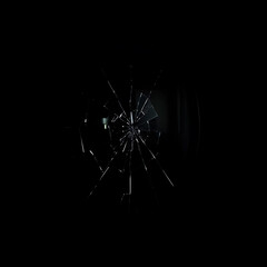 circular mirror shattered into countless sharp fragments, reflecting a distorted reality and hanging ominously on a muted blue wall