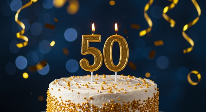 50th birthday cake. Celebrating Golden Anniversary Cake with Number Candles and Festive Confetti