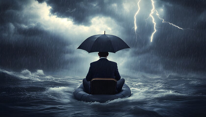 A businessman under an umbrella sits in a chair that floats in the middle of a stormy sea. There is a thunderstorm with lightning in the sky