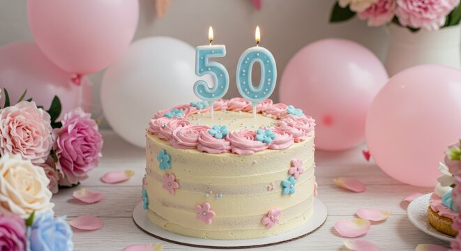 50th birthday cake. Celebrating with Cake Number Candles and Balloons