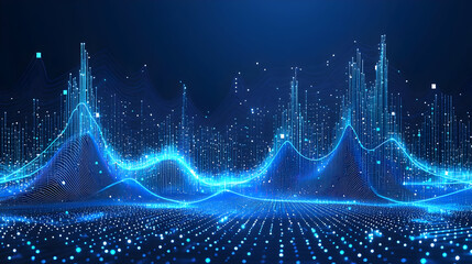 Abstract digital landscape with glowing data streams and cityscapes.  Complex network of interconnected lines and points representing data, growth, and technology