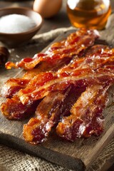 Strips of candied bacon rest on a wooden board with a bowl of sugar and a bottle of syrup in the background
