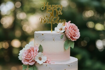 50th birthday cake. A two-tiered celebration cake is decorated with roses and leaves for a special occasion Perfect for event, party or milestone imagery.