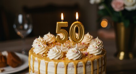 50th birthday cake. Celebrating Fifty Years Cake with Number Candles Burning