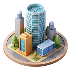 Modern isometric cityscape with diverse buildings and greenery isolated on transparent background