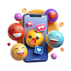 3d rendering of a smartphone surrounded by expressive emoticons and social media icons isolated on transparent background