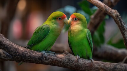 Love Birds' Serenade: Two vibrant love birds tenderly perch upon a branch, sharing a moment of tender affection. Their radiant plumage and the tranquil ambiance of nature.