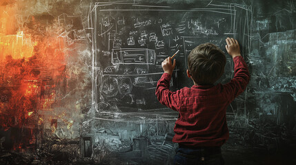 A child writing on a chalkboard merged with scenes of war and destruction, symbolizing disrupted education in conflict zones.