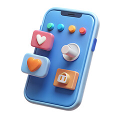 Stylized 3d smartphone with social media icons and buttons isolated on transparent background