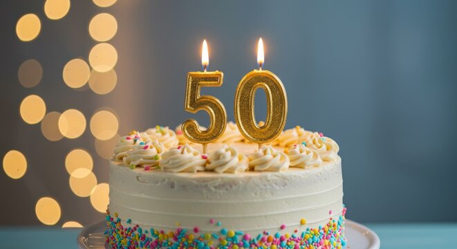 50th birthday cake. Celebrating 50th Birthday with Cake and Candles - Powered by Adobe