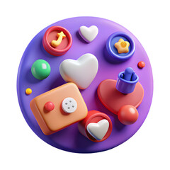 Whimsical 3d icons collection featuring hearts stars and buttons isolated on transparent background