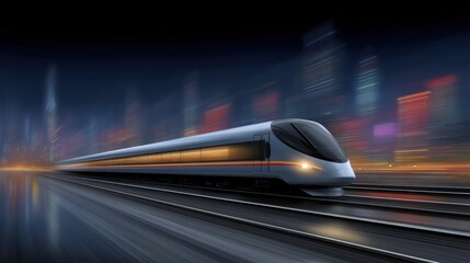Obraz premium Futuristic High-Speed Train in Urban Nightscape Digital Art Technology Illuminated City Dynamic View
