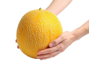 Whole melon held in hand isolated on transparent background