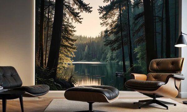 Interior ruang tamu modern minimalis dengan perapian, menampilkan furnitur bergaya, sofa yang nyaman, dan desain kontemporer