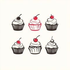 Six stylized cupcake illustrations