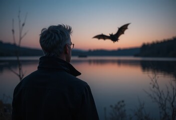 Fototapeta premium A man in a dark jacket watching a bat silhouette over a quiet lake at dusk with pastel skies Generative AI
