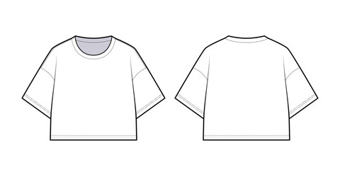 Crop Baggy T-shirt with Crew Neckline- Front and Back View- Flat Vector Illustration- CAD Mock=up