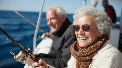 A joyful senior couple enjoying fishing trip, basking in the sun and happiness - Powered by Adobe